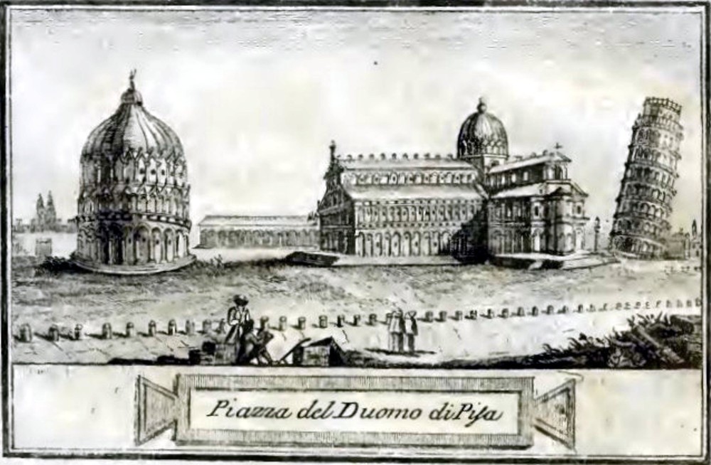 Piazza dei Miracoli in una stampa tratta dal libro "Compendio di Pisa Illustrata" del 1798